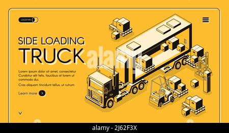 Cargo delivery or industrial transport company isometric vector web banner or landing page template with forklift carrying and loading commercial frei Stock Vector