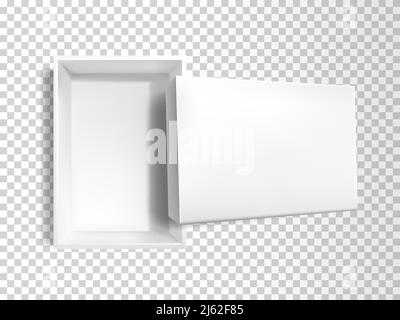 Vector 3d realistic white empty paper box with lid isolated on transparent background. Plastic rectangular container, top view. Mock-up for merchandis Stock Vector