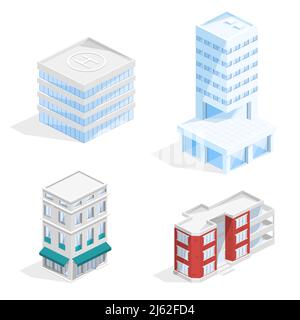 City buildings vector illustration of isometric residential houses and business center offices, houses with balcony and helicopter platform or helipad Stock Vector