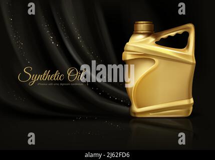 Luxury synthetic engine oil or car lubricant 3d vector advertising banner or poster with blank golden canister or bottle on black silk fabric with cre Stock Vector