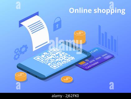 Online shopping vector illustration for digital retail and mobile trade. Credit card, money coins and shop QR code of web store purchase receipt in sm Stock Vector