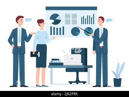 Business presentation vector illustration. Manager man presenting marketing report, project statistics in diagrams on infographics screen to director Stock Vector