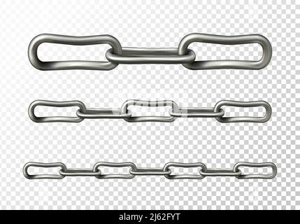 Metal chain vector illustration of realistic 3D metallic or silver chain links in macro closeup isolated on transparent background Stock Vector
