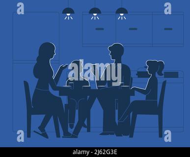 Family at dinner table vector illustration. Silhouettes of mother, father and son with daughter kids drinking tea or eating, sitting together on chair Stock Vector