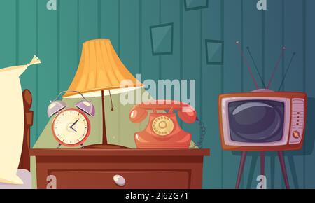 Retro gadgets cartoon composition with alarm clock phone tv lamp nightstand in bedroom vector illustration Stock Vector
