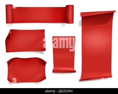 Red ribbons and banners vector illustration. 3D realistic curved paper, satin textile or silk scrolls with curved and flipped corners for opening or s Stock Vector