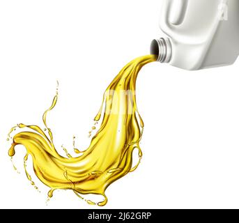 Engine synthetic or mineral oil, car lubricant spilling with splash from white blank bottle, canister realistic vector illustration isolated on white Stock Vector