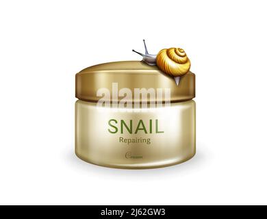 Skin repairing cream realistic vector isolated on white background. Live snail creeping on plastic jar of womans skincare cosmetic cream. Innovative c Stock Vector