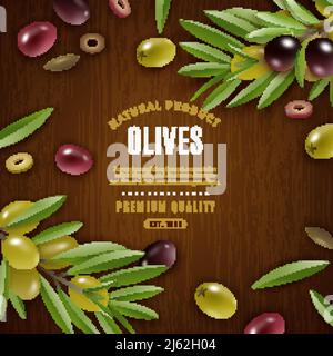 Natural olives background with olives and leaves on wooden background cartoon vector illustration Stock Vector