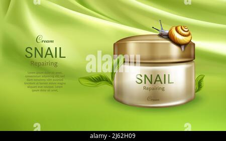 Skincare repairing cream realistic vector cosmetic banner, poster with snail climbing on face cream, mask jar on background of delicate silk fabric wi Stock Vector