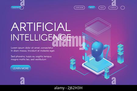 Artificial intelligence vector illustration of future innovation technology. Digital human brain or android robot head with mind connected to computer Stock Vector