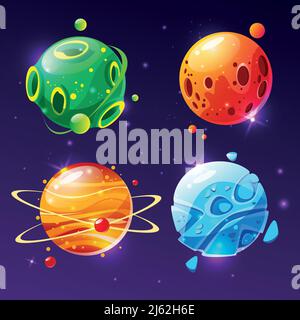 Vector cartoon fantastic planet, worlds asteroid set. Cosmic, alien space element for game design. Illustration with fire galaxy volcanic craters, sat Stock Vector
