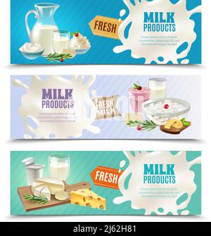 Dairy products horizontal banners set with milk and ice cream cartoon isolated vector illustration Stock Vector
