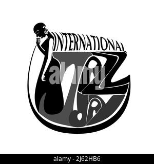 International Jazz Day music negative space style vector poster for jazz festival or night blues retro party with bald woman singer and retro micropho Stock Vector