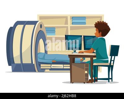 Brain MRI hospital vector cartoon illustration of doctor and patient on medical examination. Flat design of doctor sitting at computer monitor and pat Stock Vector