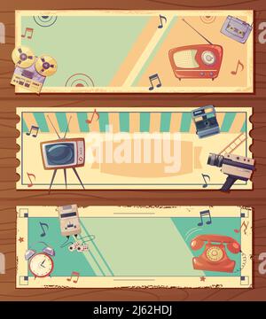 Retro devices horizontal banners with music video and other classic gadgets isolated vector illustration Stock Vector