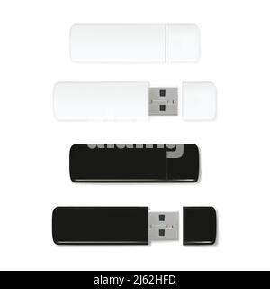 USB flash drives vector illustration of 3D realistic memory stick. Black and white plastic mockup model of portable data storage with closed and caps Stock Vector