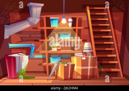 Vector cellar interior, storage of clothing inside the basement in cartoon style. Storeroom with shelves, furniture, pipeline. Illuminated by light of Stock Vector