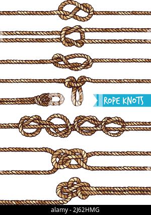 Rope knots set of different nodes and shapes in hand drawn style isolated vector illustration Stock Vector