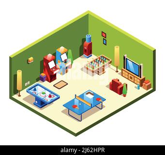 Vector isometric cross section recreation room with entertainment and amusements - table tennis or ping-pong, foosball and air hockey, TV set with coz Stock Vector