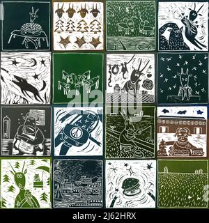 Checkered seamless pattern with animals. Set of hand drawn gazelle, sheep, cow, linocut technique. Stock Photo