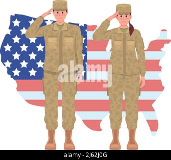 Soldiers saluting against map 2D vector isolated illustration Stock Vector