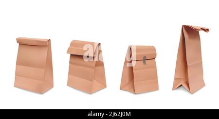 Paper bag, set of vector realistic illustrations brown paper grocery bags for meal, packaging for fast food, snacks, front and side view isolated on w Stock Vector