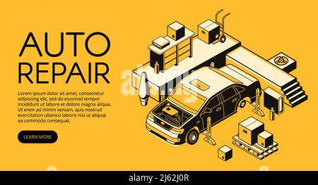 Auto repair vector illustration of car service advertisement poster. Garage station car lift and tools for vehicle mechanic diagnostic in isometric bl Stock Vector