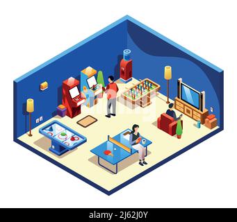 Vector isometric people resting in cross section recreation room with entertainment and amusements - table tennis or ping-pong, foosball and air hocke Stock Vector
