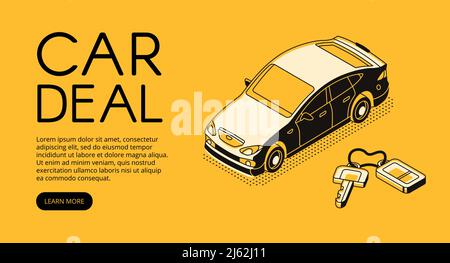 Car trade deal vector illustration of automotive sell and buy service agency or dealer company. Automobile and key on keychain isometric black thin li Stock Vector