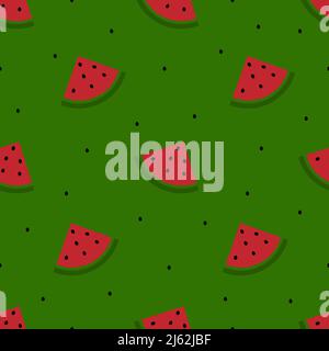 Simple seamless Watermelon pattern. Watermelon slices and seeds on dark green background. Made in vector. Stock Vector