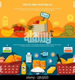 Food supermarket horizontal banners set with food symbols fruits and vegetables grocery store orange blue backround flat vector illustration Stock Vector