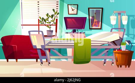Hospital ward vector illustration of clinic patient room. Cartoon medical empty interior background with couch, intensive care unit or medicine droppe Stock Vector