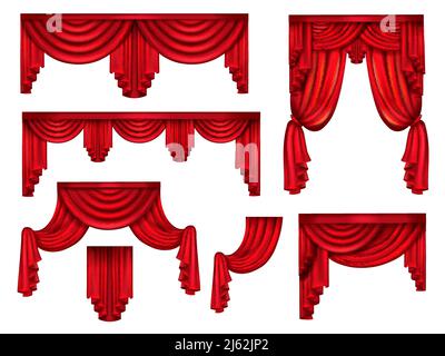 Stage red curtains, victorian silk drapes with crinkles realistic vector set isolated on white background. Interior design element, window dressing de Stock Vector