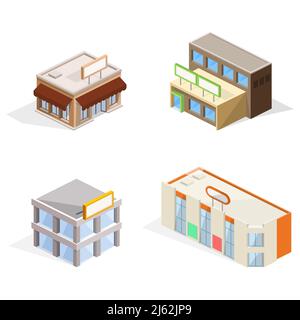 Trade buildings vector illustration of isometric shop, supermarket store and business center, cafe or restaurant with signage, glass shop-windows and Stock Vector