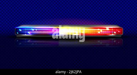 Police siren flasher beacon light vector illustration. Isolated realistic long red and blue horizontal alarm LED lamp with loudspeaker on transparent Stock Vector