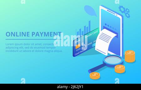 Online payment vector illustration for secure money transfer with smartphone. NFC pay or mobile web and ATM banking technology in smartphone with doll Stock Vector