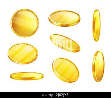 Vector golden coin in different positions, shiny piece of metal, value money. Expensive yellow circle, symbol of wealth, greed. Finance concept, curre Stock Vector
