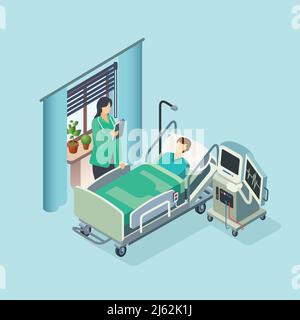 Vector isometric modern hospital room, ward with male patient in bed, female doctor standing holding clipboard and medical reanimation equipment. 3d i Stock Vector