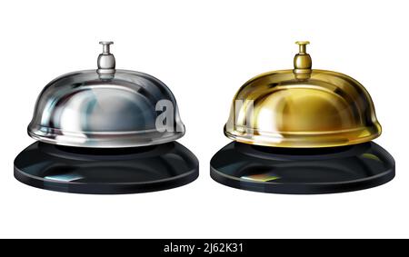 Service bells vector illustration of realistic 3D hotel concierge service or office reception gold and silver plated bells. Isolated on white backgrou Stock Vector