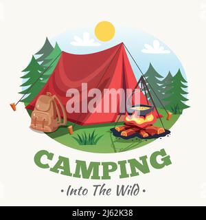 Camping illustration with summer forest cartoon style round composition with tent campfire backpack images and text vector illustration Stock Vector