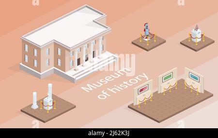 Museum building and exhibition isometric vector illustration. Isolated gallery elements with history pictures and exhibits of warrior armor or antique Stock Vector