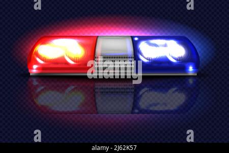 Vector 3d realistic red and blue flashers. Police, ambulance or other municipal service siren with light, rotating alert lamp. Transparent beacon for Stock Vector