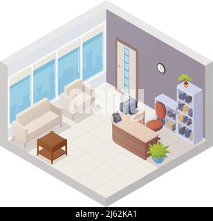Isometric office reception interior with desk and chairs for visitors vector illustration Stock Vector