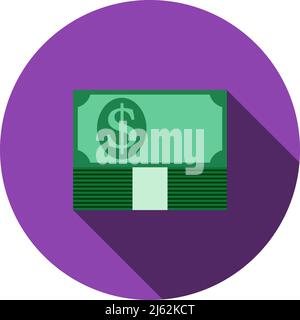 Banknote On Top Of Money Stack Icon. Flat Circle Stencil Design With Long Shadow. Vector Illustration. Stock Vector