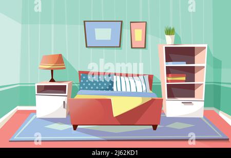 Vector cartoon bedroom interior background template. Cozy modern house room concept. Illustration with sofa nightstand, bedside table with lamp, books Stock Vector