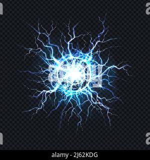 Powerful electrical discharge, lightning strike impact place realistic vector on transparent background. Ball lightning, magical light effect design e Stock Vector
