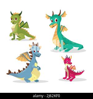 Fairy tale dragons, magic creature with tail and wings. Vector cartoon ...
