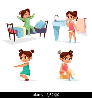 Girl kid morning routine vector cartoon illustration. Flat design of girl child waking up from sleep, washing and brushing teeth in bathroom toilet an Stock Vector