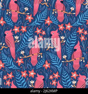 Seamless tropical pattern with birds. Colorful parrots on the tropical branches with leaves and flowers on dark. Hand drawn vector illustration. Stock Vector